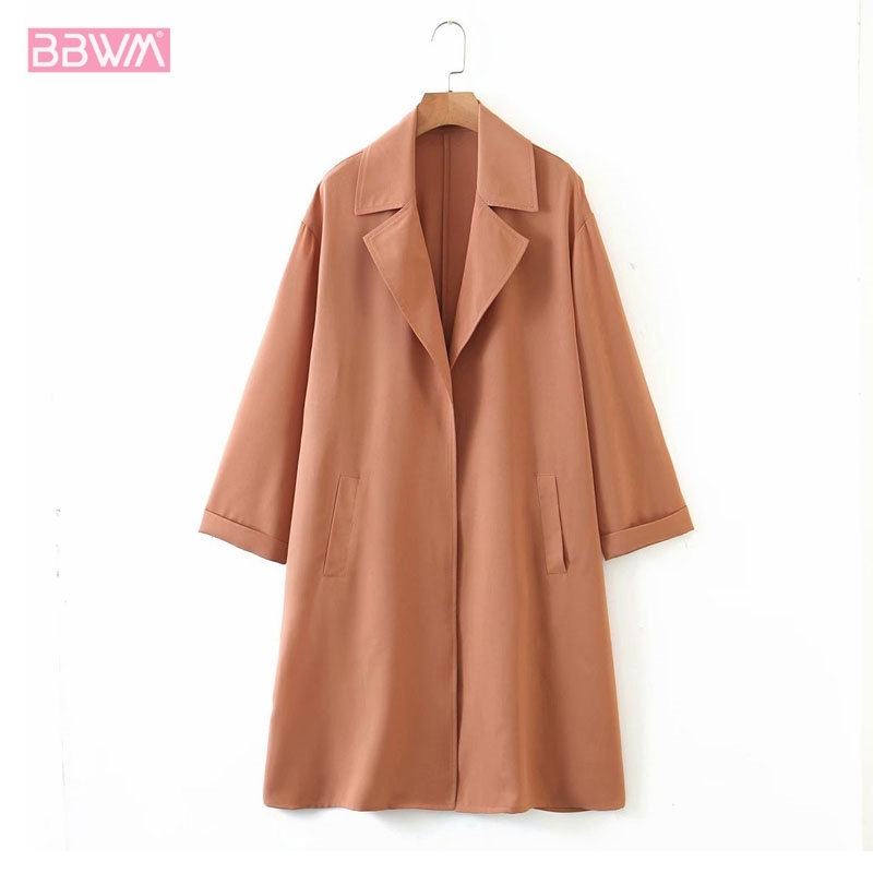 Autumn Product Solid Color Loose Long-sleeved Drape Woman's Jacket Long Over-the-knee Temperament Female Coat Tops 210507