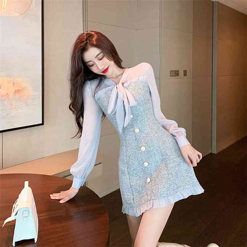 Spring Women's Chiffon Patchwork Ruffle Tweed Woolen Dress Ladies Bow Collar Single-Breasted Long Sleeve Party 210520