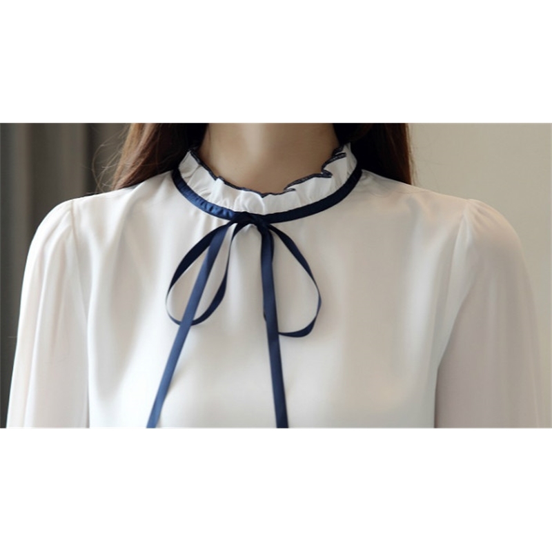 Autumn Embroidered Chiffon Women Blouse Shirt Long Sleeve Slim Bow Tie Femme Tops Bottoming Clothing 0857 30 210506