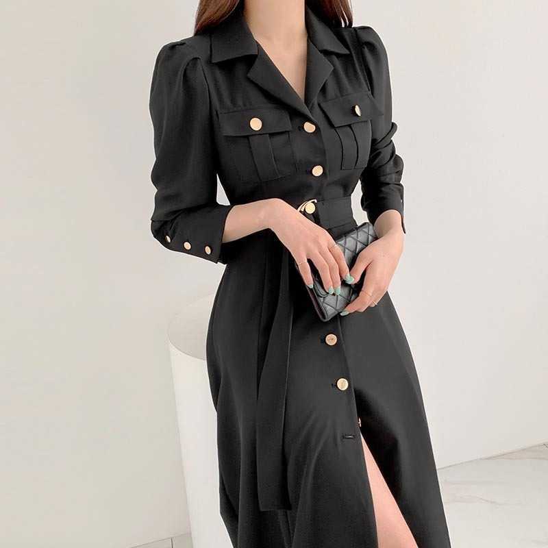Korejpaa Woman Dress Korean Chic Spring Fashion Elegant Single-row Buckle Strap Waist Slim Long Sleeve Dresses Female 210526