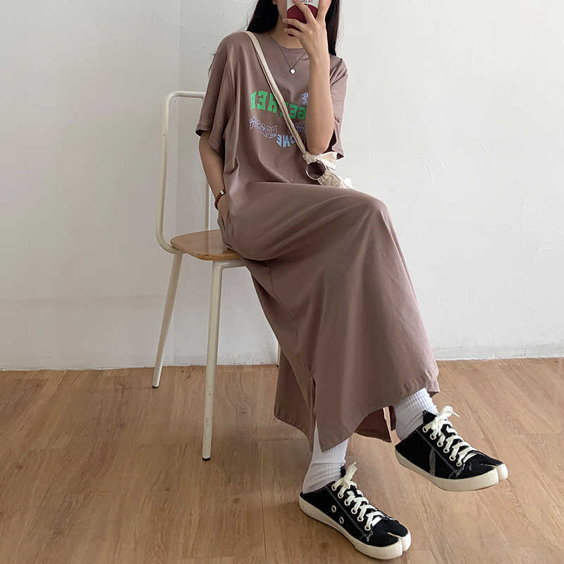 Qooth Casual T shirt Dres Shirt Summer Loose Short-Sleeved Split Female Patchwork Blue Maxi QT090 210609