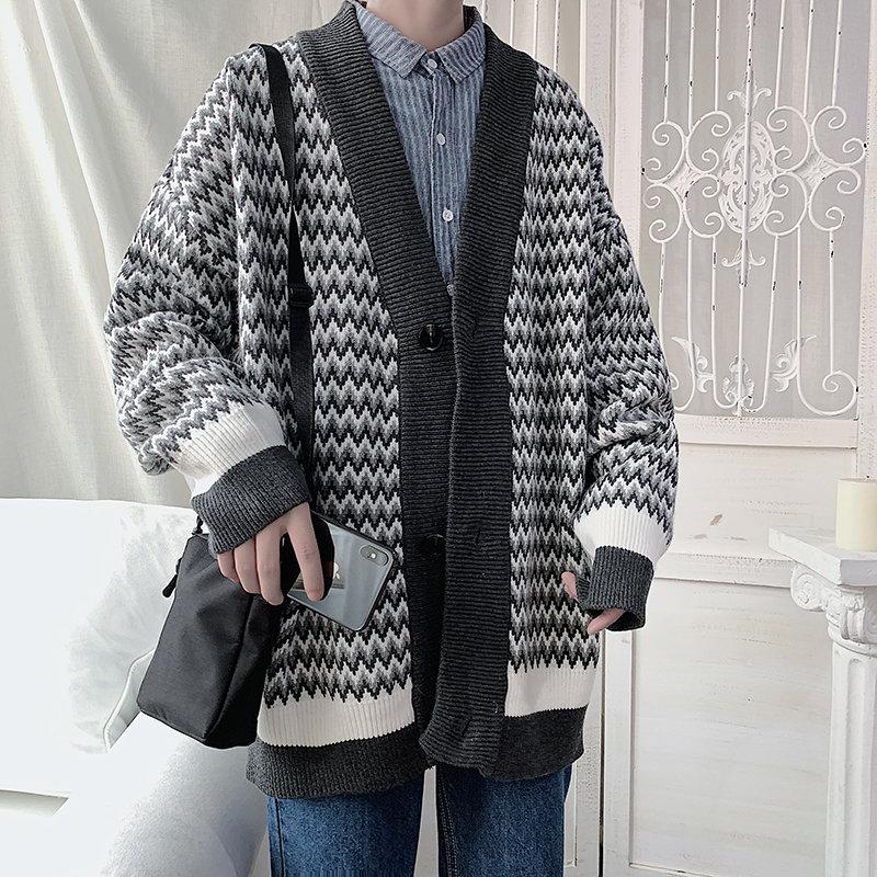 Men's Sweaters And Winter Sweater Loose Retro Plaid Cardigan Hong Kong Style Lovers, Beige