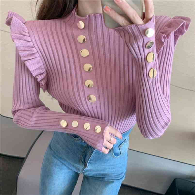 Autumn Ladies Fashion Single-breasted Knitted Sweater Women Ruffles Long Sleeve Chic Solid Color Pullover Top 210519, Photo color
Autumn Ladies Fashion Single-breasted Knitted Sweater Women Ruffles Long Sleeve Chic Solid Color Pullover Top 210519, Photo color