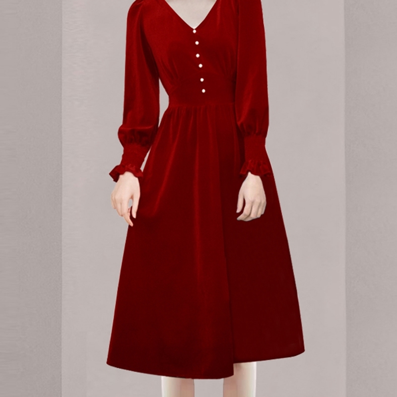 Spring Retro Dress For Women Red Velvet V-Neck Long Sleeve High Waist Sexy Party Dresses Female Vestidos 210519