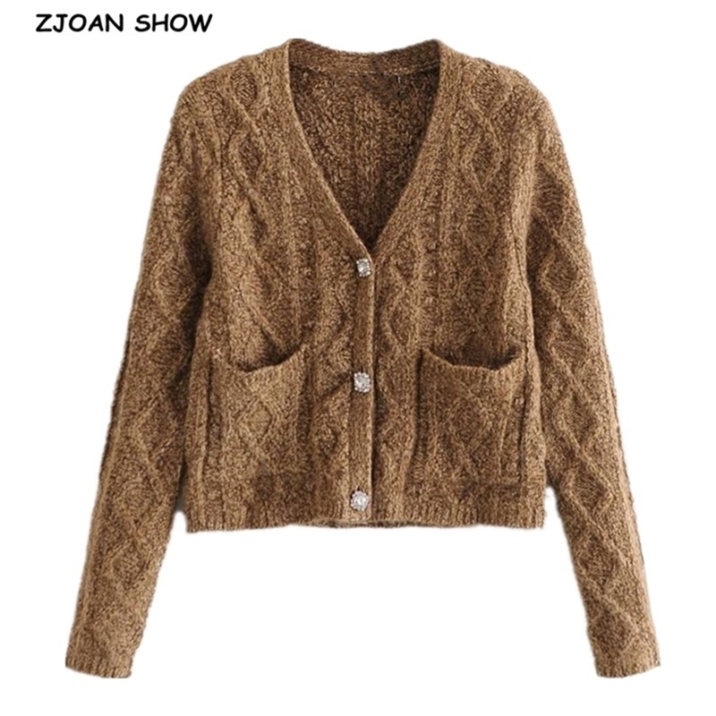 Spring Vintage Twist Striped Knitted Cardigan Retro Ugly Sweater Woman Single-breast Diamond Buttons Long sleeve Short Jumper 210429