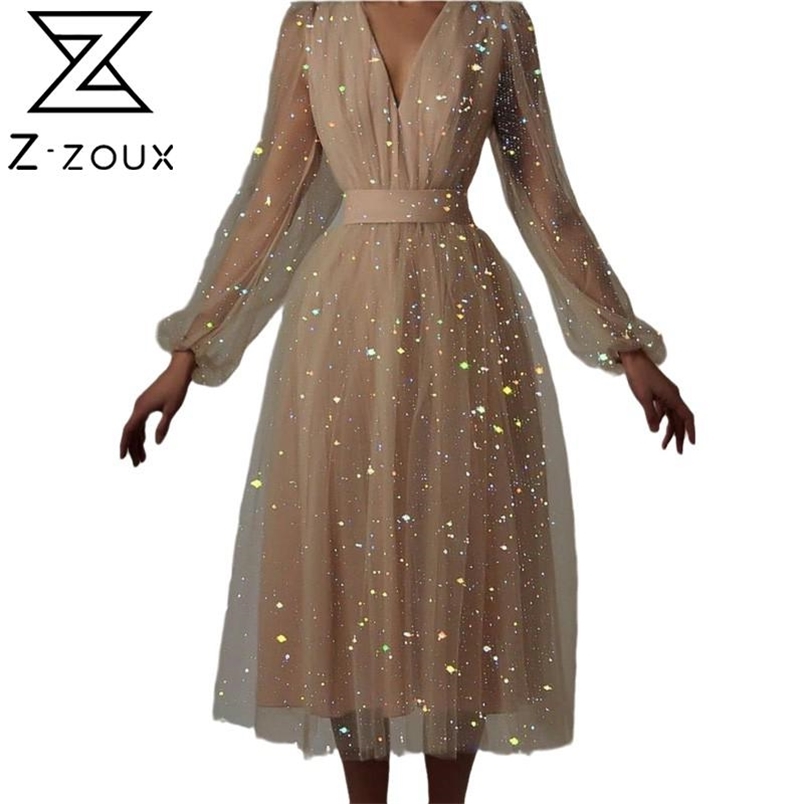 Women Dress Elegant Party es Lantern Sleeve V Neck Sequined Vintage High Waist Large Hem Long Summer es 210513