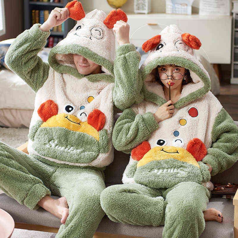 Couples Pajamas Sets Women Men Winter Thicken Pyjamas Sleepwear Cartoon Dinosaur Korean Lovers Homewear SoftWarm Pijama Hoodies 211118
