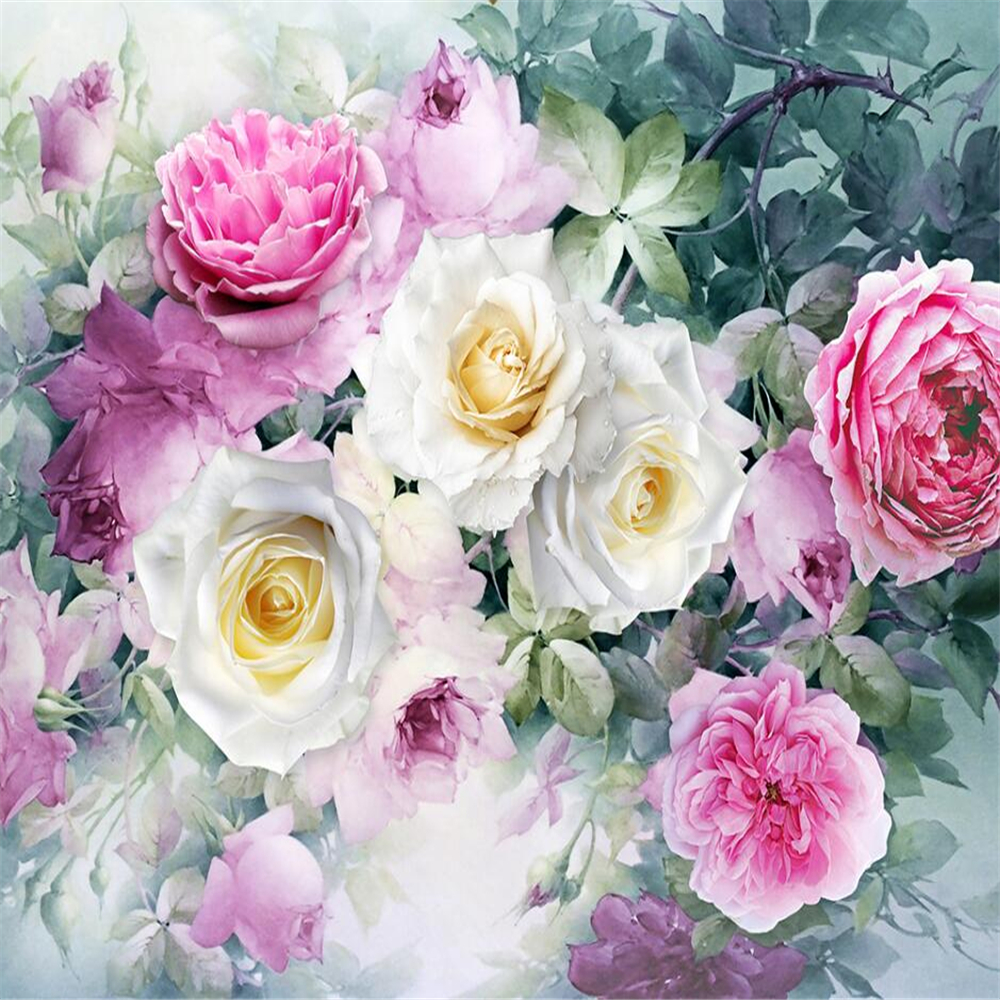 Rose cluster three-dimensional watercolor wall custom large mural green wallpaper papel de parede para quarto