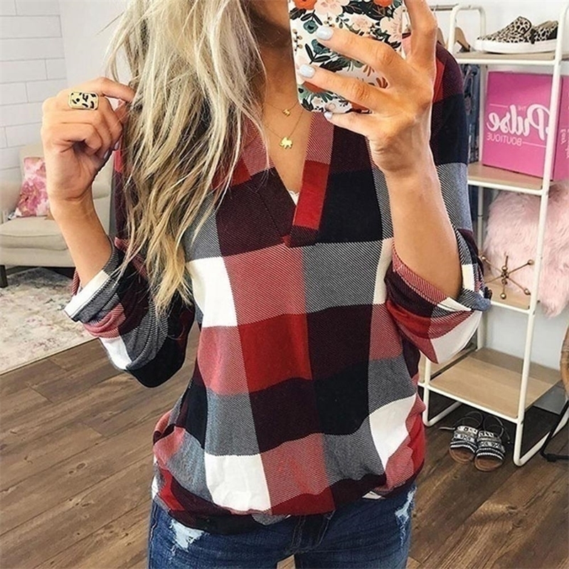 Womens Tops And Blouses Plus Size Autumn Women's Plaid Blouse Shirts Sexy V Neck Female Blouses Lady Business Blouse Tops J26 210320