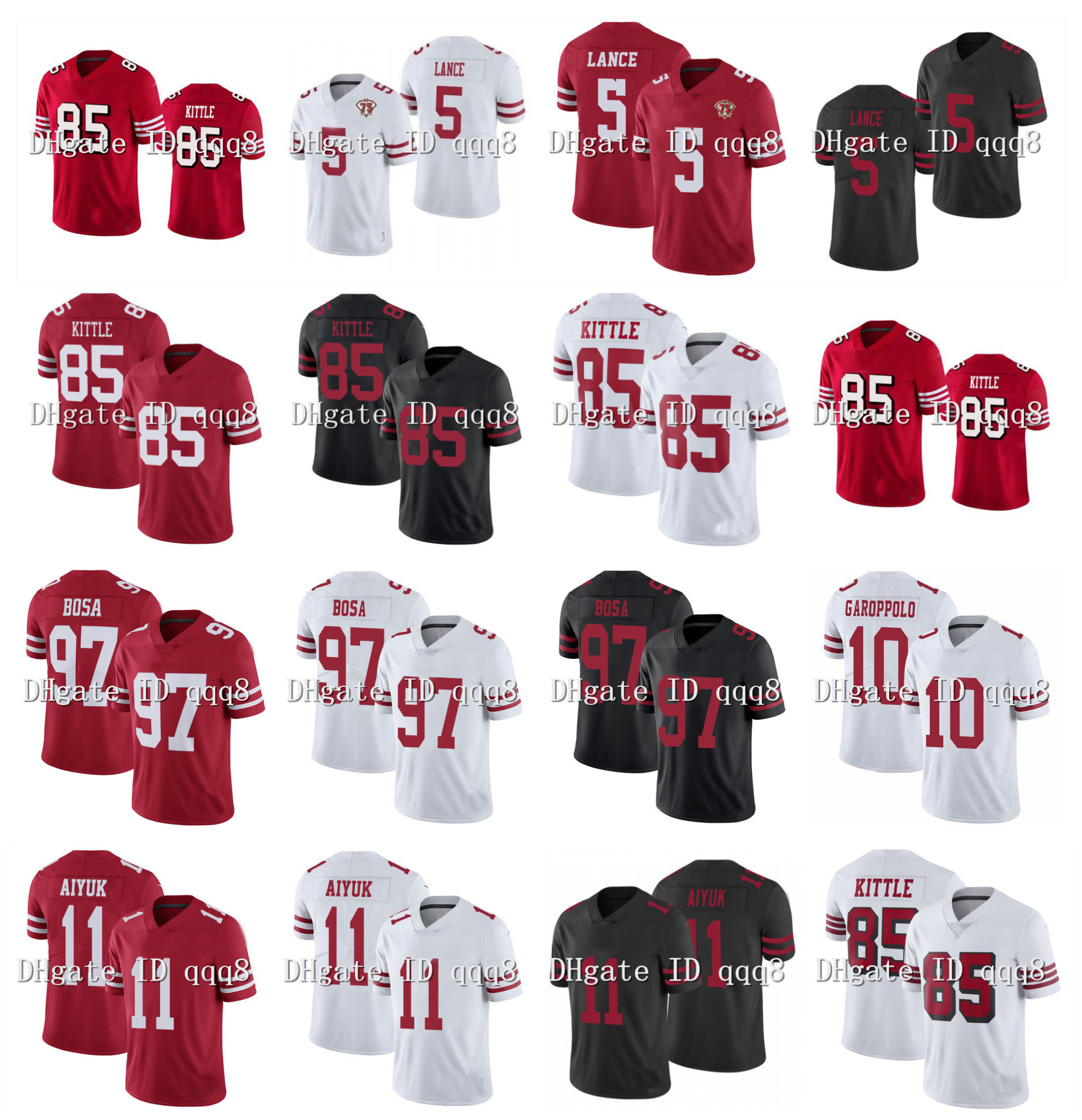 5 Trey Lance 85 George Kittle Football jersey San Francisco49er49ers 11 Brandon Aiyuk 97 Nick Bosa Jimmy Garoppolo Deebo Samuel Red White Black Size S-XXXL, As pic
5 Trey Lance 85 George Kittle Football jersey San Francisco49er49ers 11 Brandon Aiyuk 97 Nick Bosa Jimmy Garoppolo Deebo Samuel Red White Black Size S-XXXL, As pic