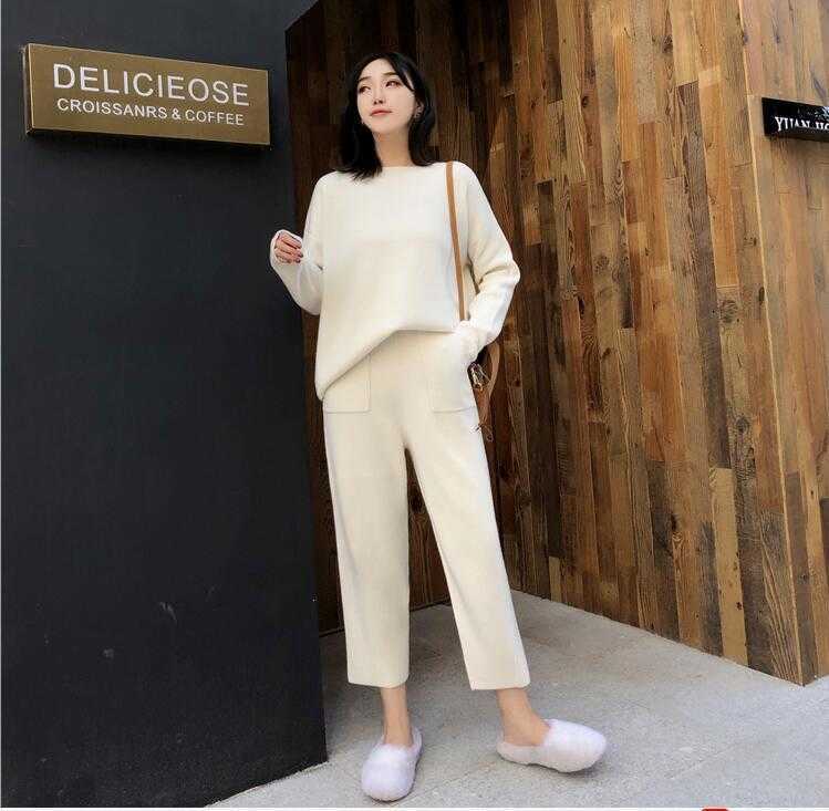 Knitted 2 pieces Set Tracksuits Women 2019 Autumn Winter Thick Warm O-neck Loose Sweater+Ankle-Length Pants Warm Cashmere Suit T191231