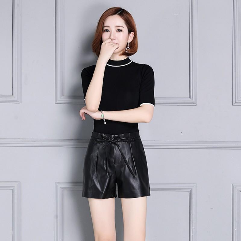Office Lady Punk Style Female Shorts Genuine Leather Streetwear Casual High Waist Drawstring Trousers Sheepskin Autumn Woman Women's