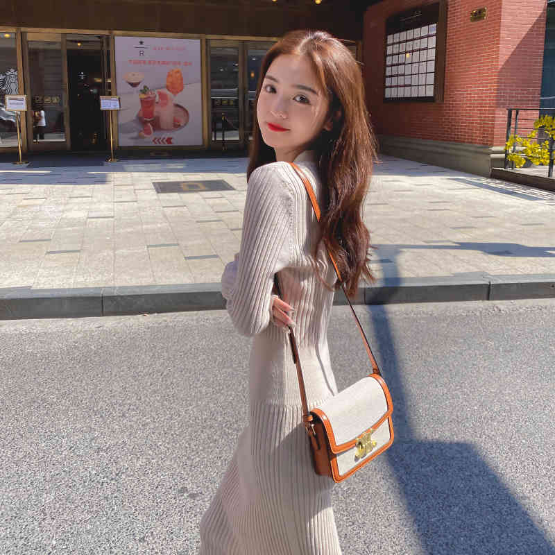 Autumn and winter dresses for women knit Warm Long Sleeve V Neck Retro Sexy Female Casual Pencil Dress 210506