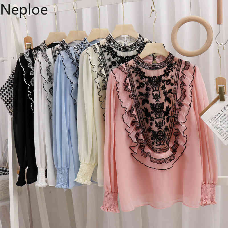 Neploe Lace Heavy Embroidery Blouses Women Spring Clothes Gauze Beading Shirts Stand Neck Patchwork Chiffon Blouse Tops 4H132 210422