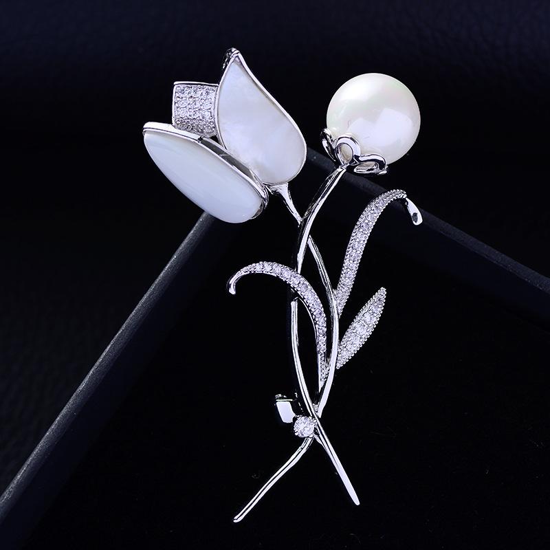 Pins, Brooches Beautiful Flower Cubic Zirconia Brooch Pin For Women Men Luxury Tulip Pearl Pins And Christmas Jewelry Broche Gifts