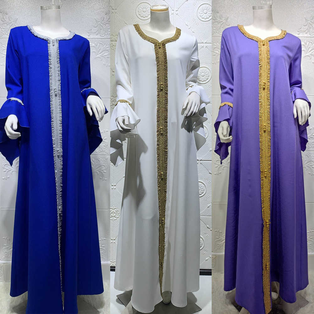 Siskakia Jalabiya Kaftan Dress For Women Dubai Turkey Golden Ribbon Embroidery Loose Muslim Arabic Islamic Clothing White 210729