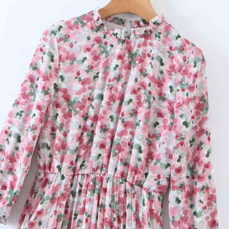 Casual Woman Pink Print A-Line Chiffon Long Dress Spring Fashion Ladies Drapped Dresses Female Sweet Holiday 210515