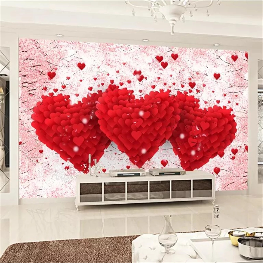 Custom Size large Self Adhesive wallpaper 3D romantic stereo beautiful love festive TV background wall decoration Murals