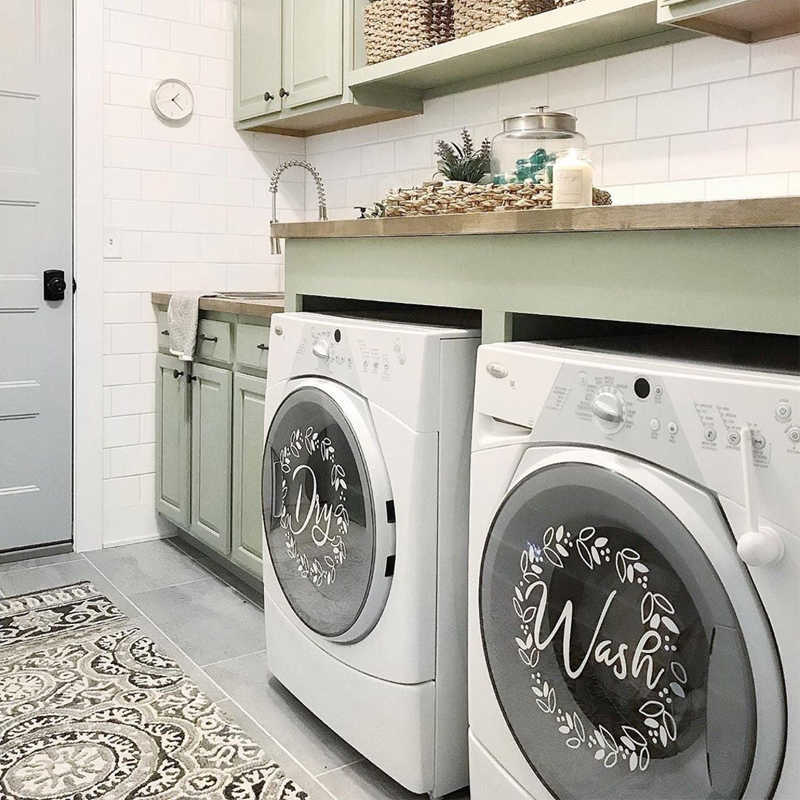 Laundry Room Decor "Wash" "Dry" Vinyl Decal Set, Washing Machines Farmhouse Laundry Decor With Floral Wreath 13.5 Inch E830 210929