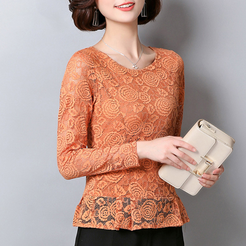 Slim Long Sleeve Shirts Pullover Autumn Winter Fashion Lace Hollow Women Blouses Sexy Solid Print Ladies Tops Elegant 6917 50 210510
