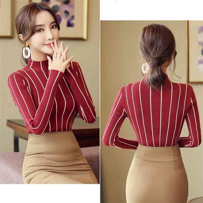 SEXMKL Striped Turtleneck Pullover Women Winter Thick Sweater Red Korean Ladies Office Knitted Black Top Pull Femme 210805