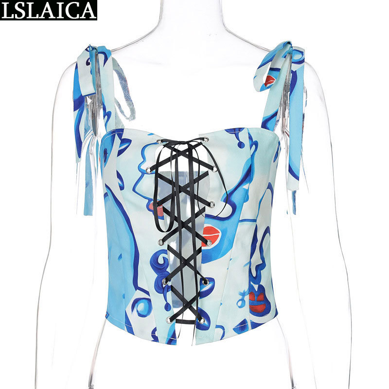 Printed Chest Strap Hollow Out Sling Fashion Arrival Backless Off Shoulder Women Clothes Skinny Sexy Clubwear Tops 210520