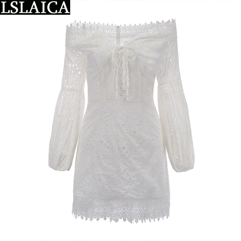 White Lace Dress Lantern Sleeve High Waist Off The Shoulder Slim Women's Summer Evening Party Club Mini Bodycon 210515