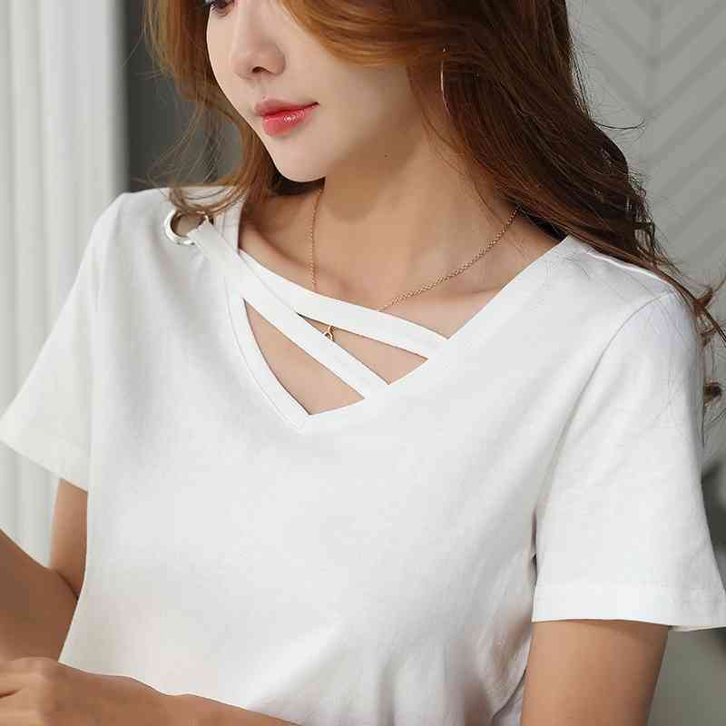 fashion women t-shirt casual summer tops v collar cotton t shirt short sleeve shirts white T-shirt s clothing 2573 50 210506
