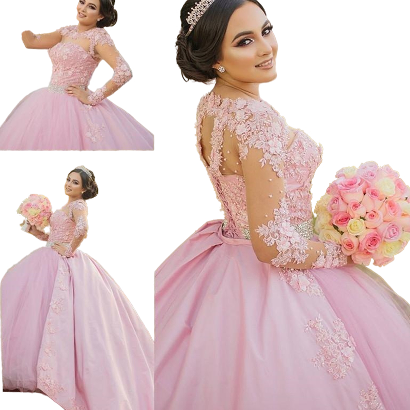 Pink Sweet 16 Quinceanera Dresses 2022 Ball Gown Vintage Lace Pearls Long Sleeves 3D Floral Vestidos 15 Anos Plus Size Pageant Prom Gowns Masquerade D