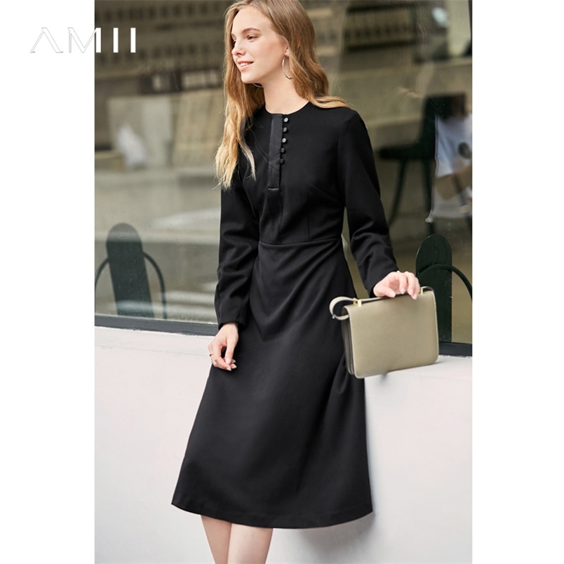 Women Elegant A-line Dress Female Causal Round Neck Solid Patchwork Buttons Long Sleeve Dresses 11737381 210527