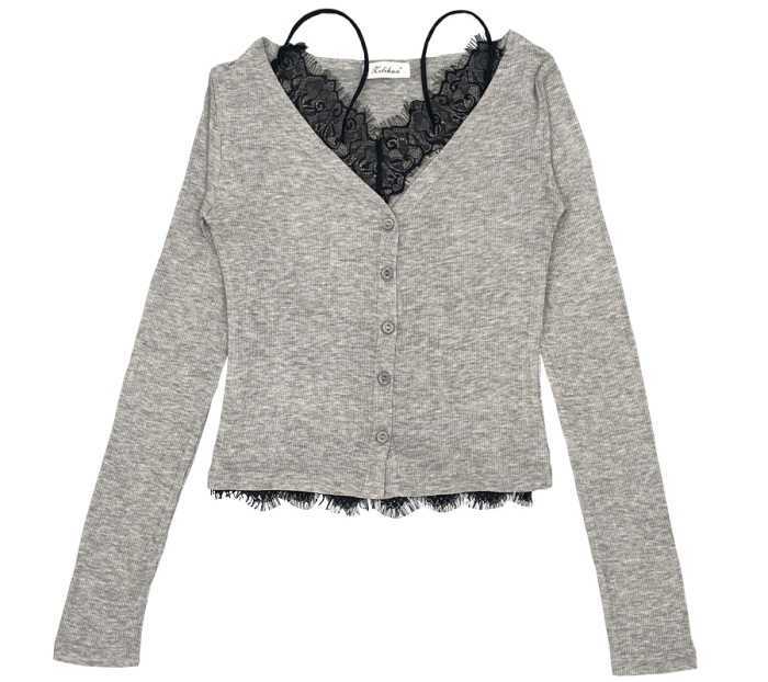 WOMENGAGA Korean Women's Spring Summer Sexy Slim Lace Mesh V Neck Full Sleeve T Shirt + Cardigan Thin Body Tank Vest 5H5Y 210603