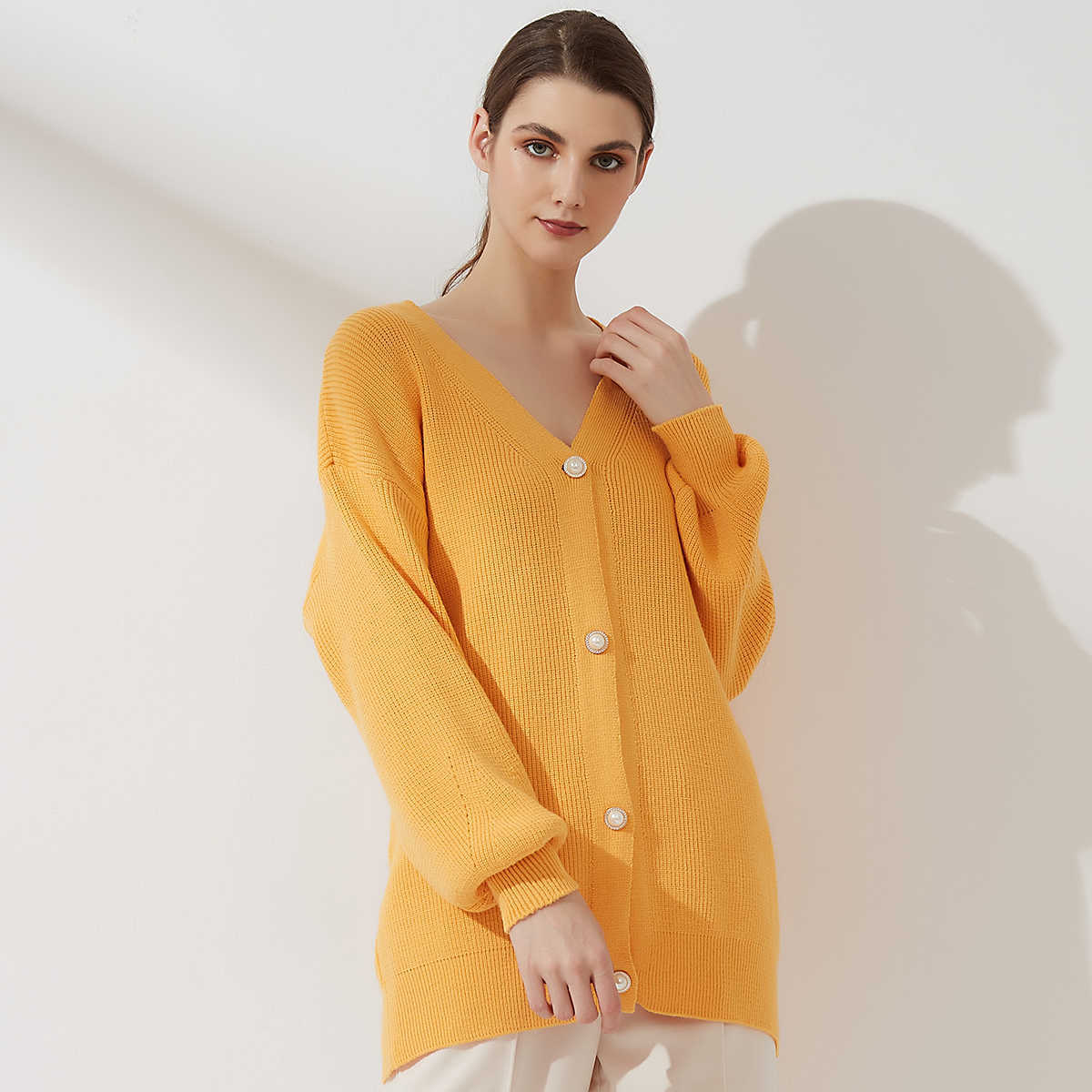 Wixra Women Oversized Single Breasted Lantern Sleeve Cardigan Autumn Winter Button Knitwear Loose Sweater 211011Z