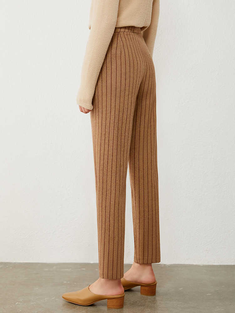 Minimalism Autumn Winter Woolen Women's Pants Fashion Stripe High Waist Straight Ankel-length Female Trousers 12070500 210527