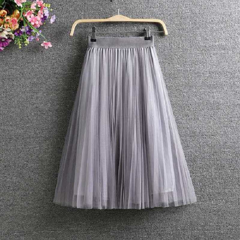 Ladies Vintage Summer Skirts Womens Casual Elastic High Waist Elegant Sexy Midi Pleated Mesh Tutu Women Tulle Female 210619