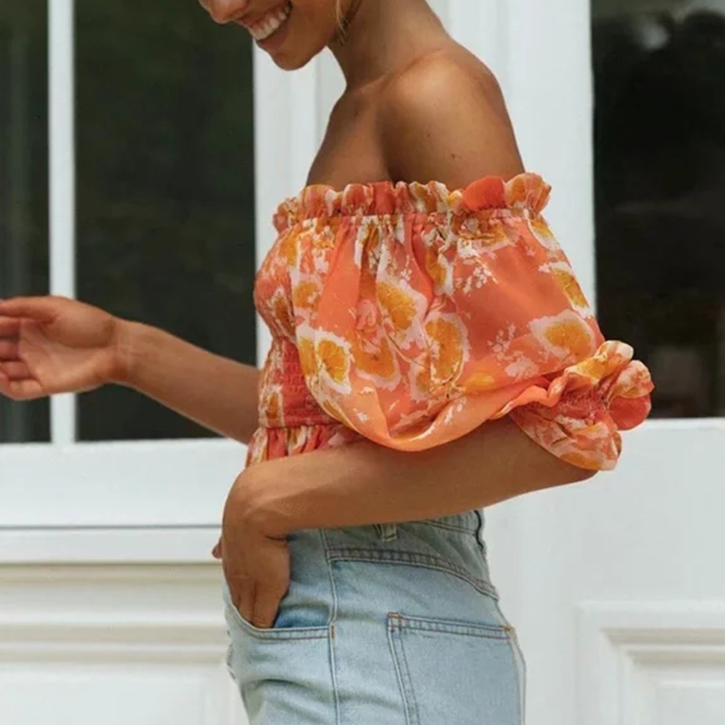 Off Shoulder Chiffon Blouse Tops Orange Women Half Sleeve Elastic Tube Crop Summer Beach Blusa Mujer 210427