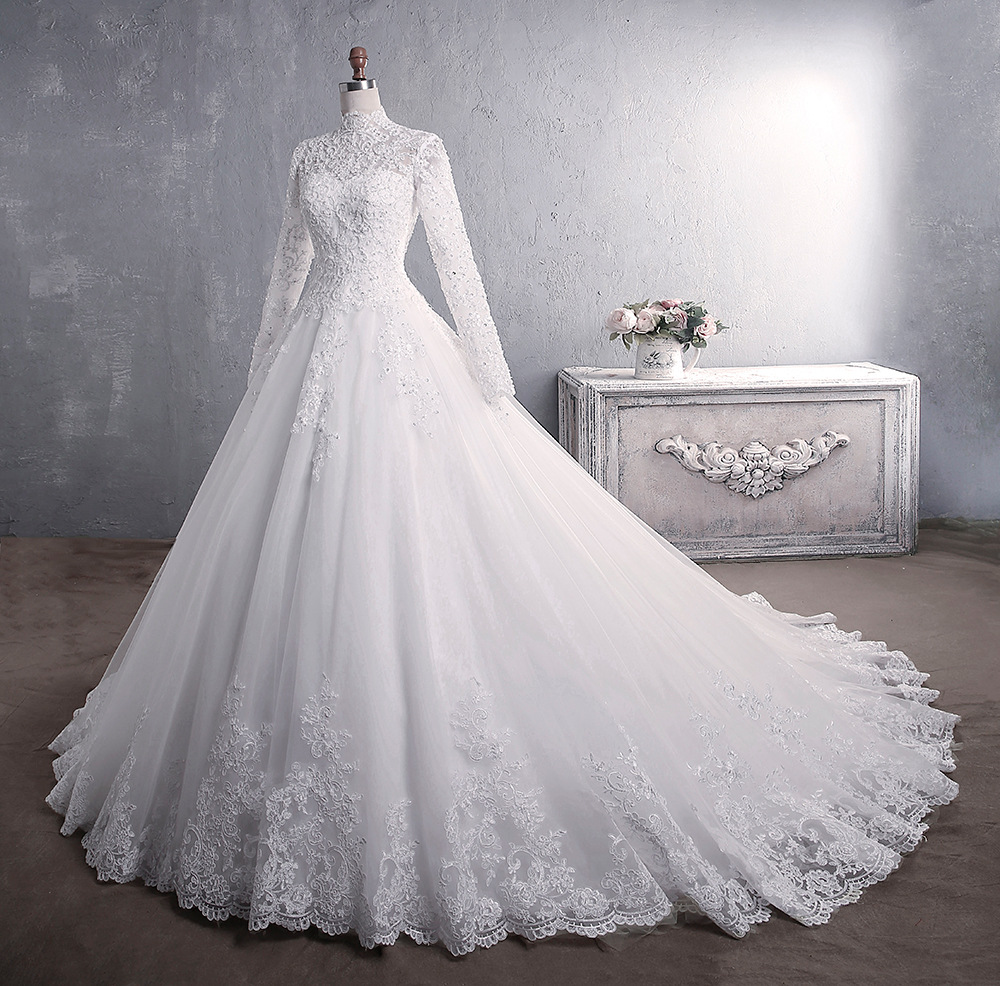 Muslim Ball Gown Wedding Dresses High Neck Long Sleeves Lace Appliques Beads Court Train Custom Made Arabic Islamic Modern Tulle Bridal Gowns 2021 rob