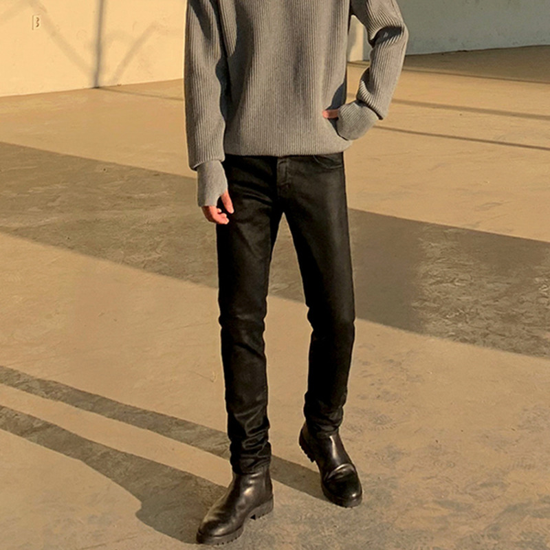IEFB coated black jeans men's slim fit leg straight denim pants spring winter Korean fashion casual pants for male 4767 210524