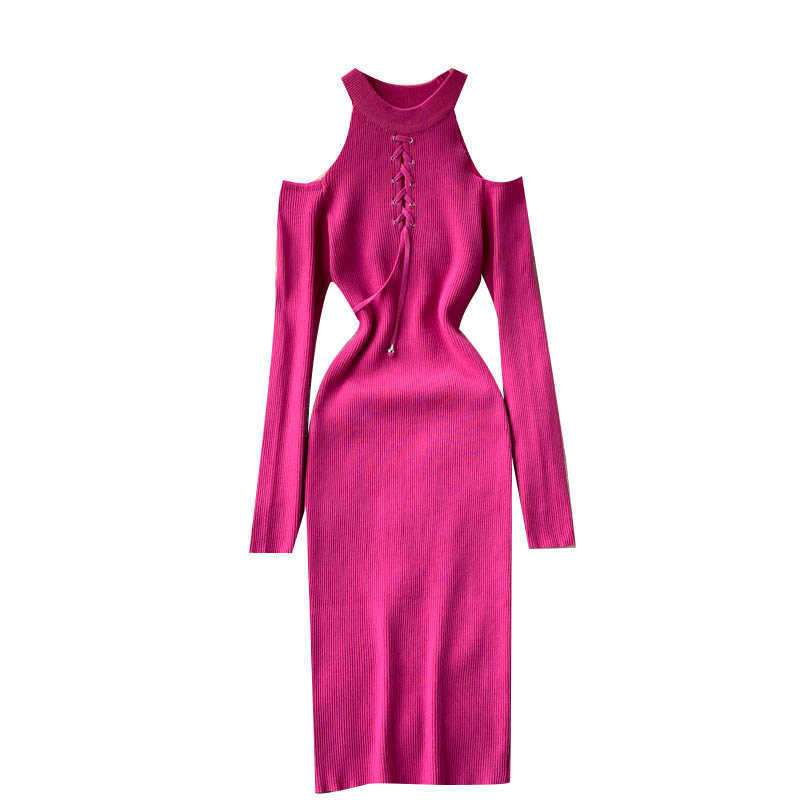 DEAT Women Knitting Dress Round Neck Long Sleeve Arrivals Lady Sexy Hollow Out Fashion Spring Autumn 11D 210709