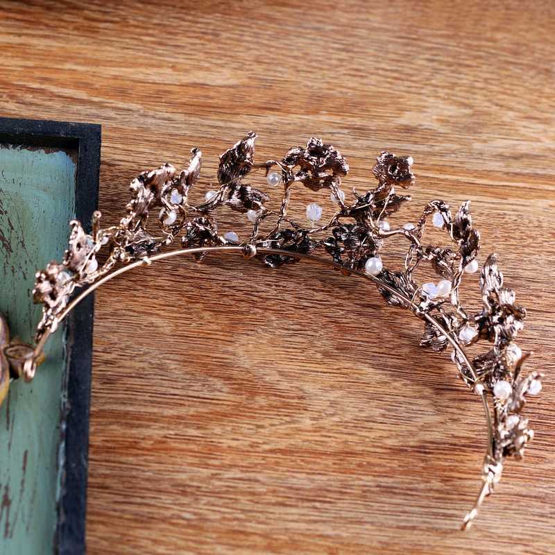 Vintage Baroque Gold Pearl Leaf Bridal Tiara Crystal Crown Hairband Headpiece Vine Wedding Hair Accessories Bride Headband 210701
