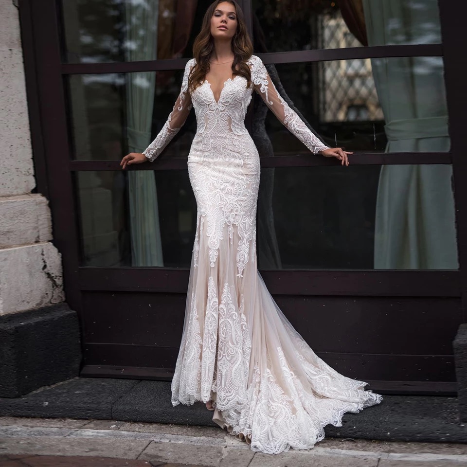 Long Sleeve Lace Mermaid Wedding Dresses 2022 Illusion champagne beach Bridal Gown With Button Back Sheer O-Neck Sweep Train