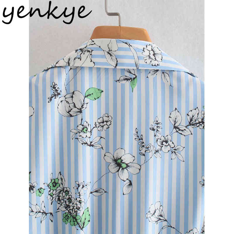 Spring Women Blue Striped Floral Print Shirt Dress Female Lapel Collar With Belt A-line Casual Vestido Plus Size 210430