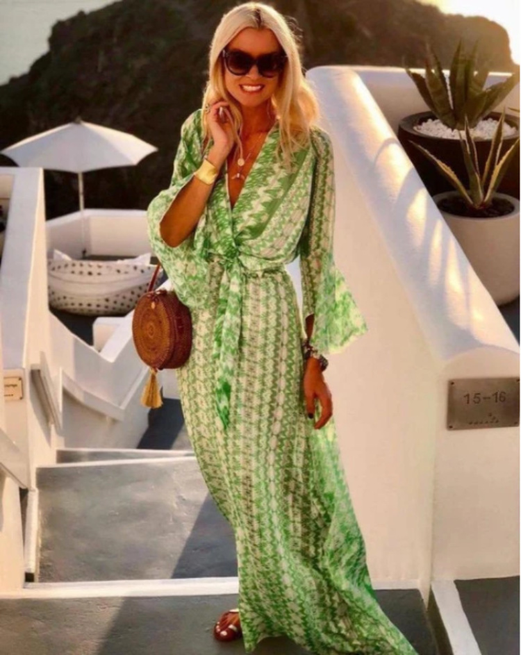 Women Dress Flare Sleeve V-neck Print Bohemian Dresses Long Plus Size Pink Green Summer Fashion 210524