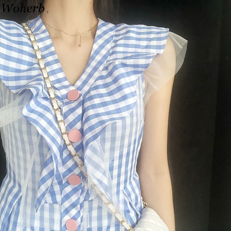 Elegant Sleeveless Plaid Dress Women Casual All Match Lace Patch Cute Robe Harajuku Midi Dresses Vestidos Mujer 210422