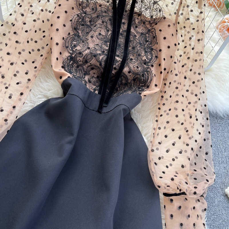 DEAT summer Arrivals Mesh Round Collar Puff Sleeve Stitching Waist Slim A-line Dress MZ726 210709