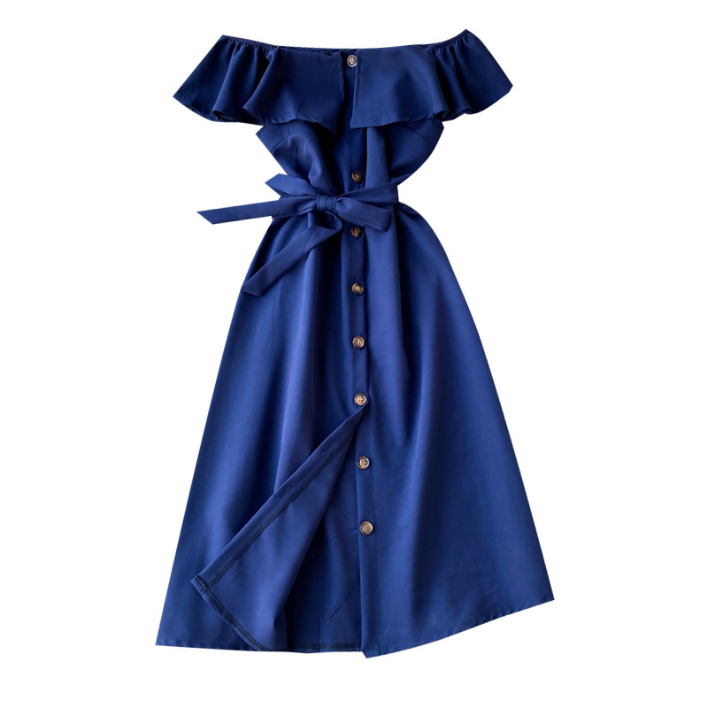 Women Beach A-line Elegant Dress Vintage Slim Button Ruffles Bandage Midi Summer Party Vestido De Festa Sexy Off Shoulder 210521