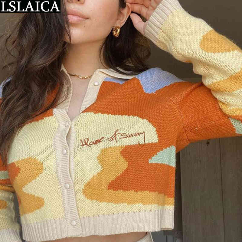 Woman Sweaters Fashion Long Sleeve Turn-down Collar Female Short Yellow Top Fall Women Casual Cropped Cardigan Sweater 210520