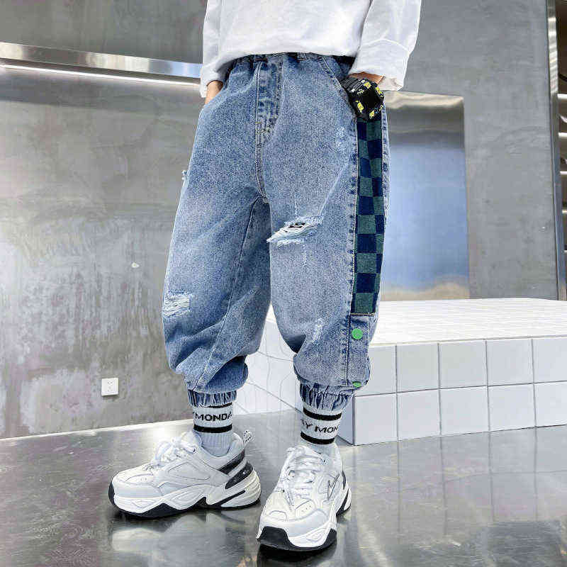 Boys Jeans 2022 New Fashion Spring Autumn Teens Loose Elastic Casual Blue Children Ripped Trousers Cowboy Pants 4 6 8 10 12 14 Y W220225