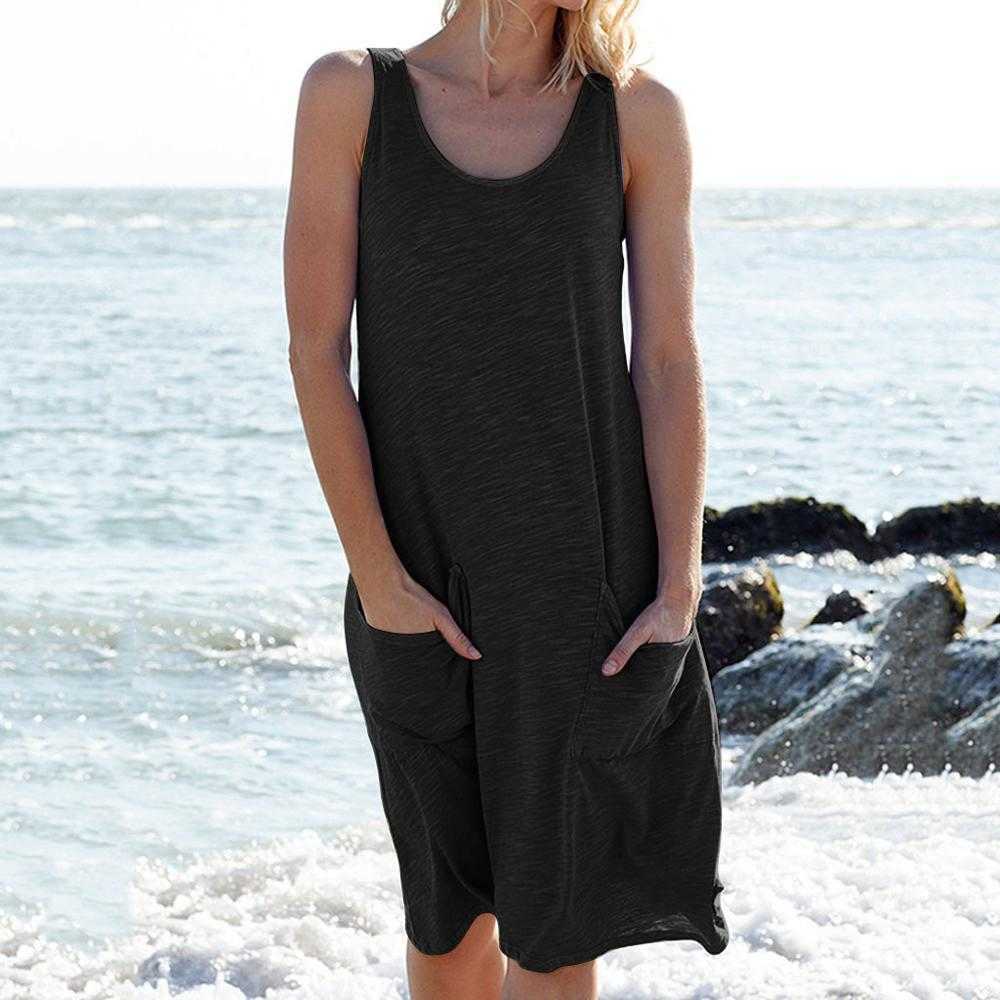 Women Summer Dress Casual O Neck Sleeveless Pocket Patchwork Loose Cotton Tank Plus Size Female Solid Beach Party Vestidos 210526
