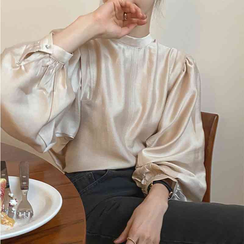 Nomikuma Women Blouses Korean Half Turtleneck Pullover Tops Causal Puff Long Sleeve Solid Blusas Mujer De Moda Verano 6D585 210427