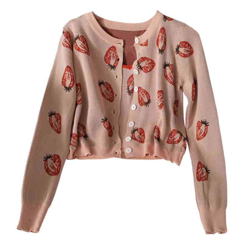 Kimutomo Strawberry Print Suit Single Breasted Long Sleeve Cardigan + Slimming Short Sling Two Piece Set Korean Women Fashion 210521